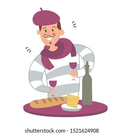 Vector illustration of a flat frenchman drinks wine in glasses from a bottle, eats cheese, snacks a baguette.
