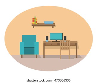Vector illustration flat with furniture and the computer. Office theme.banner for web design.Home and office furniture. Elements of design of the websites the poster, a banner, a leaflet. 