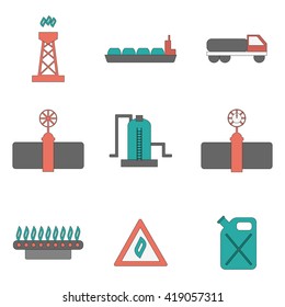 Vector illustration with flat gas production icons. Gas supply industry. Natural resource energy objects. Vector gas flame and pipeline concept. Industry design. Gas supply and transportation icons