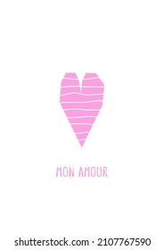 Ilustración vectorial con corazón geométrico plano con rayas y texto - Mon Amour sobre fondo blanco. Plantilla para tarjeta de felicitación para mostrar amor y simpatía. Banner minimalista vertical