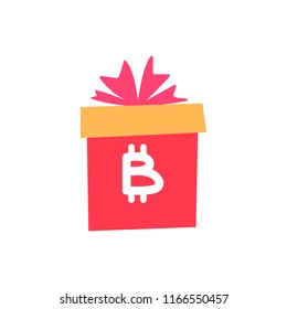 Vector illustration, flat gift box with currency hand written sign (bitcoin). Can be used for greeting cards, stickers, promotion, banners.