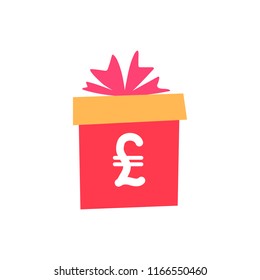 Vector illustration, flat gift box with currency hand written sign (pound). Can be used for greeting cards, stickers, promotion, banners.
