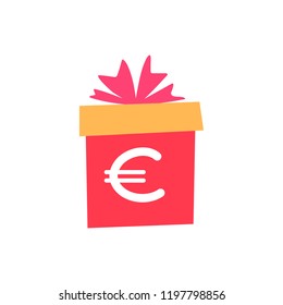 Vector illustration, flat gift box with currency hand written sign (euro). Can be used for greeting cards, stickers, promotion, banners.