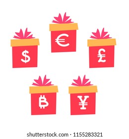 Vector illustration, flat gift boxes set with currency hand written signs: dollar, euro, pound, yen or yuan. Can be used for greeting cards, stickers, promotion, banners.