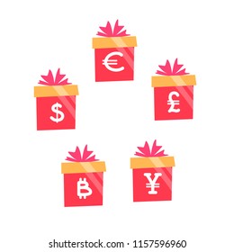 Vector illustration, flat gift boxes set with currency hand written signs: dollar, euro, pound, yen or yuan. Can be used for greeting cards, stickers, promotion, banners.