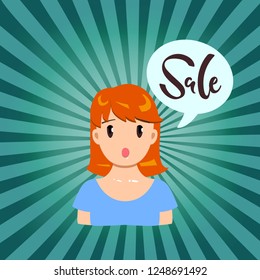 Vector illustration, flat ginger girl and sale hand drawn lettering in the speech bubble. Applicable for promotion banners, flyers, brochures, webpages etc. Can be used for sale announcement concepts.