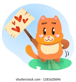 Vector illustration, Flat ginger smiling cat holding a table. Applicable for greeting cards, stickers, t-shirt prints, banners, etc.