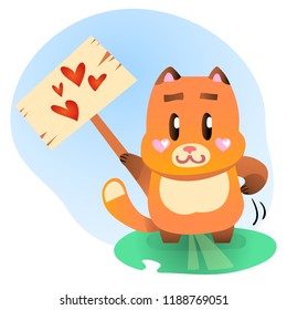 Vector illustration, flat ginger smiling fox holding an empty table for your text. Applicable for greeting cards, stickers, t-shirt prints, banners, etc.