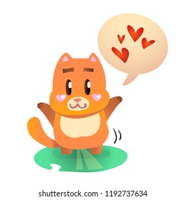 Vector illustration, Flat ginger smiling cat with a speech bubble. Applicable for greeting cards, stickers, t-shirt prints, banners, etc.