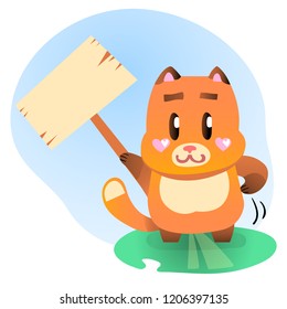 Vector illustration, flat ginger smiling fox holding an empty table for your text. Applicable for greeting cards, stickers, t-shirt prints, banners, etc.