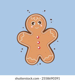 Vector illustration in a flat gingerbread man style on a blue background. Christmas pastries. Christmas cookies and gingerbread man.