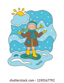 Vector illustration. Flat illustration. Girl and snow. Winter