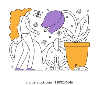 Vector illustration with a flat girl taking care of plants. Gardening in the lines on the white background.