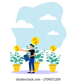 Dibujo vectorial de flores planas y doradas con frutas regadas por hombres jóvenes. los conceptos empresariales, financieros y económicos.