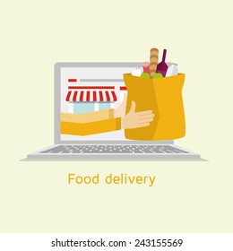 vector illustration of a flat graphic style food order online via a computer or laptop, food delivery