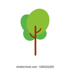 Vector illustration, flat green tree. Isolated on white background, can be used as icon for nature designs, maps, landscapes, etc.