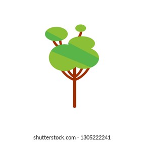 Vector illustration, flat green tree. Isolated on white background, can be used as icon for nature designs, maps, landscapes, etc.