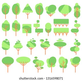 Vector illustration, flat green trees set. Isolated on white background, can be used as icons for nature designs, maps, landscapes, etc.