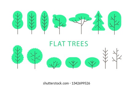 Vector illustration, flat green trees set. Isolated on white background, icons for nature designs, maps, landscapes. A set deciduous and coniferous trees and shrubs, bushes in a flat style.