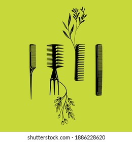 Vector illustration with flat hair brushes. Hair accessories objects. Hairstyle for woman and girl. Set of vector flat icons.