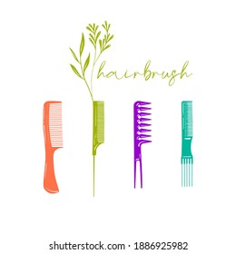 Vector illustration with flat hair brushes. Hair accessories objects. Hairstyle for woman and girl. Set of vector flat icons.