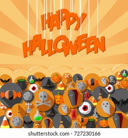 Vector illustration of Flat Halloween icons in circles on orange striped textured background