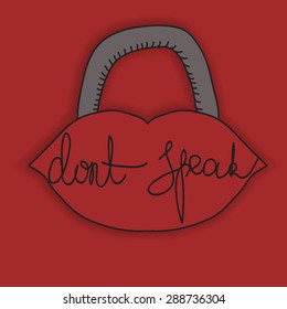 Vector illustration of flat hand-drawn lock with lips and scribble text "Don't speak" on dark red background