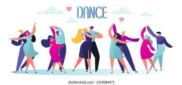 Ilustración vectorial con parejas de baile felices. Carácter bailarín aislado en fondo blanco. Jóvenes hombres y mujeres disfrutando de la danza clásica. Ilustración vectorial colorida.