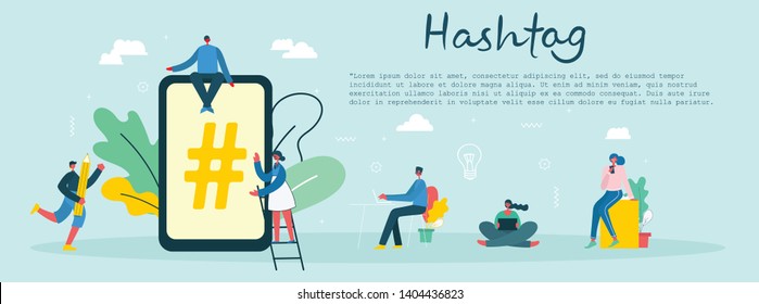 Vector illustration Flat vector hashtag big symbol on phone screen.Concept of people using mobile phone, tablet and laptop for sending posts and sharing with friends in social media.