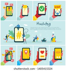 Ilustración vectorial placa etiqueta gran símbolo en la pantalla del teléfono. Concepto de personas que usan teléfono móvil, tablet y laptop para enviar mensajes y compartir con amigos en los medios sociales. 