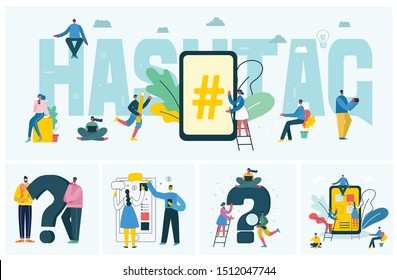 Vector illustration Flat vector hashtag big symbol on phone screen.Concept of people using mobile phone, tablet and laptop for sending posts and sharing with friends in social media.