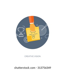 Vector illustration. Flat header. Flat bulb. Management and achievements. Smart solutions and business aims. Generating ideas. Business planning and strategy
