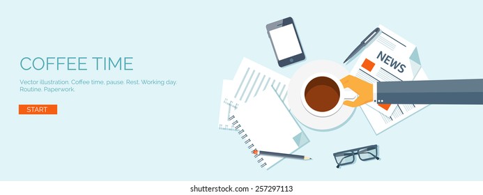 Vector illustration. Flat header. Creativity and generating ideas. Brainstorm and coffee pause. Working. Everyday routine.