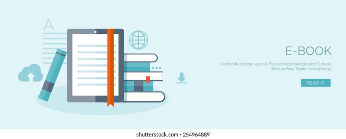 Vector illustration. Flat header. Distance education and learning. Online courses and web school. Knowledge and information. Study process. E-learning.