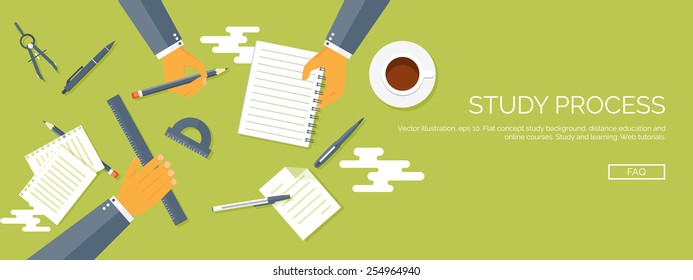 Vector illustration. Flat header. Distance education and learning. Online courses and web school. Knowledge and information. Study process. E-learning.