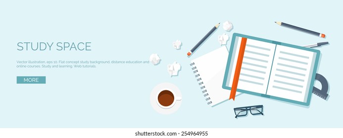 Vector illustration. Flat header. Distance education and learning. Online courses and web school. Knowledge and information. Study process. E-learning.