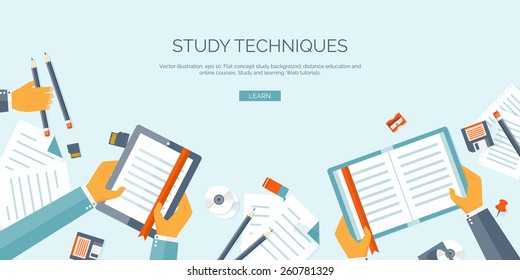 Vector illustration. Flat header. Distance education and learning. Online courses and web school. Knowledge and information. Study process. E-learning.