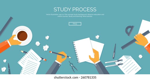 Vector illustration. Flat header. Distance education and learning. Online courses and web school. Knowledge and information. Study process. E-learning.