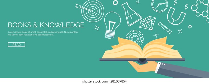 Vector illustration. Flat header. Distance education and learning. Online courses and web school. Knowledge and information. Study process. E-learning.Book and hand.