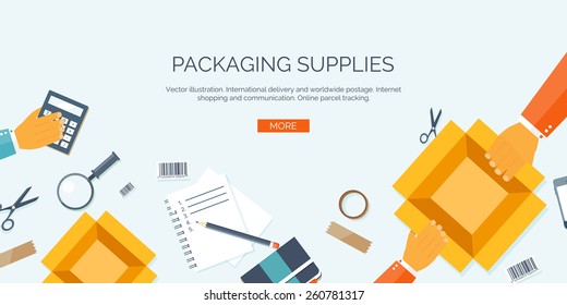 Vector illustration. Flat header. International delivery and worldwide postage. Emailing and online shopping. Envelope and package.