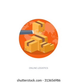 Vector illustration. Flat header. International delivery and worldwide postage. Emailing and online shopping. Envelope and package.