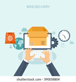 Vector illustration. Flat header. International delivery, worldwide postage. Emailing, online shopping. Envelope, package.