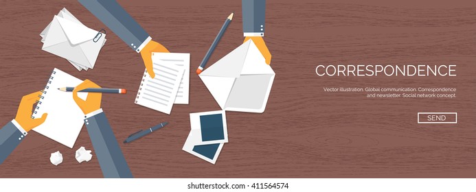 Vector illustration. Flat header. International delivery, worldwide postage. Emailing, online shopping. Envelope, package.