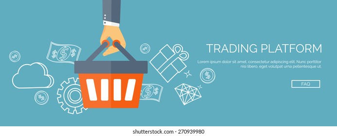 Vector illustration. Flat header. Internet shopping. Web store. Global communication and trading. Web business. E-commerce and money making. Internet banking.