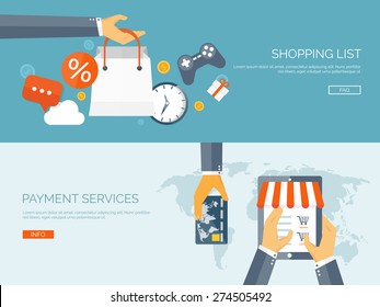 Vector illustration. Flat header. Internet shopping. Web store. Global communication and trading. Web business. E-commerce and money making. Internet banking.