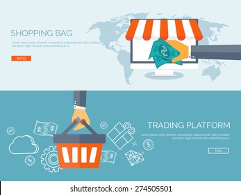 Vector illustration. Flat header. Internet shopping. Web store. Global communication and trading. Web business. E-commerce and money making. Internet banking.