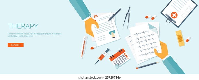 Vector illustration. Flat header. Medical background. First aid and diagnostic. Medical research and therapy. Global healthcare.