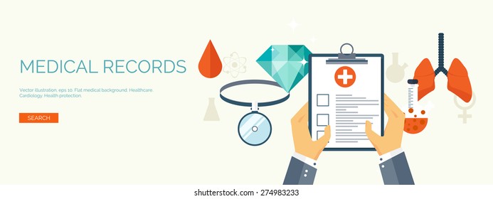 Vector illustration. Flat header. Medical background. First aid and diagnostic. Medical research and therapy. Global healthcare.