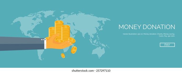 Vector illustration. Flat header. Money and money making. Web payments. World currency. Internet store, shopping. Pay per click. Business.