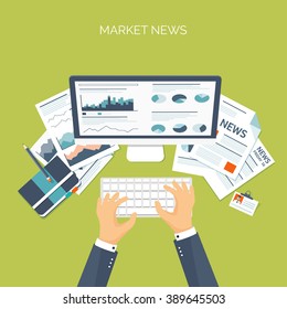 Vector illustration. Flat header. Online market news. Newsletter and information. Business and market news. Financial report.
